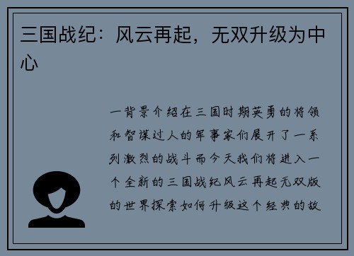 三国战纪:风云再起,无双升级为中心